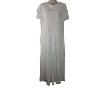 Vintage Silky Line Womens Maxi Dress White Floral Embroidered Cottagecore M